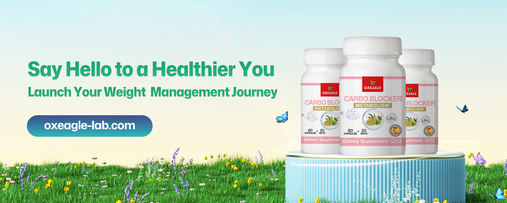 Promotional image of OxEagle Carbo Blocker supplement bottles